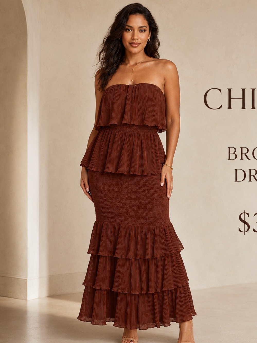 Strapless Tiered Maxi Dress in Brown